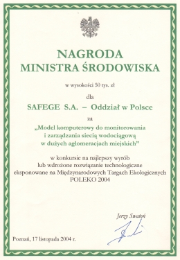 SUEZ Consulting (SAFEGE S.A.S. Oddział w Polsce) - Nagroda Ministra Środowiska 2004